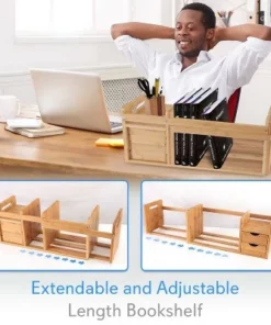 SereneLife Natural Bamboo Shelf Adjustable Bookshelf Desktop Organizer Unit with Storage Drawers for Books and Office Supplies