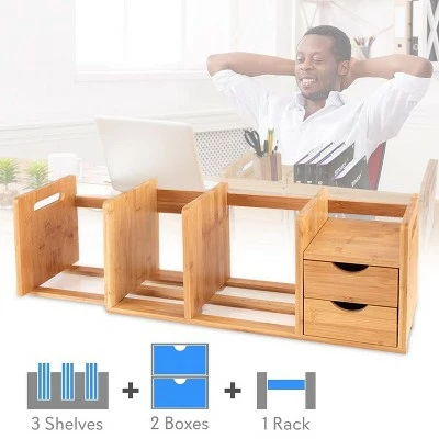 SereneLife Natural Bamboo Shelf Adjustable Bookshelf Desktop Organizer Unit with Storage Drawers for Books and Office Supplies 5 SereneLife Natural Bamboo Shelf Adjustable Bookshelf Desktop Organizer Unit with Storage Drawers for Books and Office Supplies - Image 3