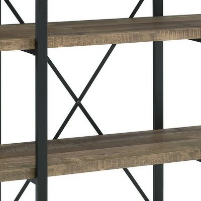 54.75" Bookcase with 4 Tier Storage and X Metal Band Brown/Black - Benzara 4 54.75" Bookcase with 4 Tier Storage and X Metal Band Brown/Black - Benzara - Image 2
