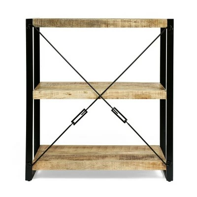 Brinkley Modern Industrial Handcrafted 3 Shelf Mango Wood Shelving Unit Natural/Black - Christopher Knight Home 7 Brinkley Modern Industrial Handcrafted 3 Shelf Mango Wood Shelving Unit Natural/Black - Christopher Knight Home - Image 5