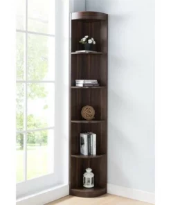 Maleena 5-Shelf Corner Wood Bookcase in Dark Walnut - Furniture of America