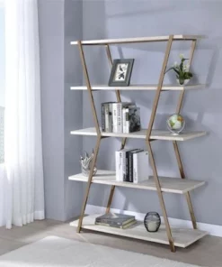 Ketano Metal 4-Shelf Bookcase in Champagne and White - Furniture of America