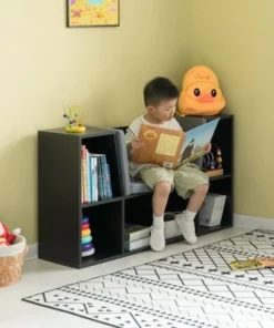 Basicwise Modern Multi-Purpose Bookshelf with Storage Space and Gray Cushioned Reading Nook