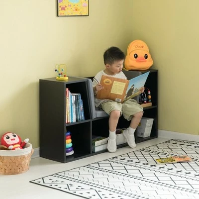 Basicwise Modern Multi-Purpose Bookshelf with Storage Space and Gray Cushioned Reading Nook 3 Basicwise Modern Multi-Purpose Bookshelf with Storage Space and Gray Cushioned Reading Nook