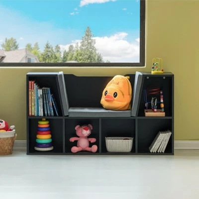 Basicwise Modern Multi-Purpose Bookshelf with Storage Space and Gray Cushioned Reading Nook 4 Basicwise Modern Multi-Purpose Bookshelf with Storage Space and Gray Cushioned Reading Nook - Image 2