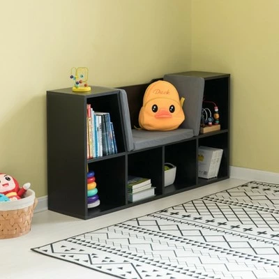 Basicwise Modern Multi-Purpose Bookshelf with Storage Space and Gray Cushioned Reading Nook 6 Basicwise Modern Multi-Purpose Bookshelf with Storage Space and Gray Cushioned Reading Nook - Image 4