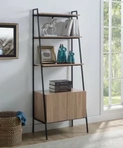 72" Open Shelf and Closed Storage Cabinet Ladder Bookcase - Saracina Home Dark Walnut