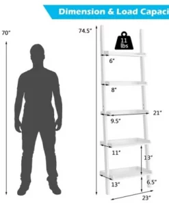 Costway Versatile White 5-Tier Bookshelf Leaning Wall Shelf Ladder Bookcase Storage Display Furni