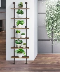 Costway 6-Shelf Rustic Pipe Shelving Unit, Vintage Industrial Pipe Wall Shelf Brown -Bookshelves Sales Shop unnamed file 2234