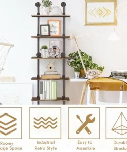 Costway 6-Shelf Rustic Pipe Shelving Unit, Vintage Industrial Pipe Wall Shelf Brown -Bookshelves Sales Shop unnamed file 2238