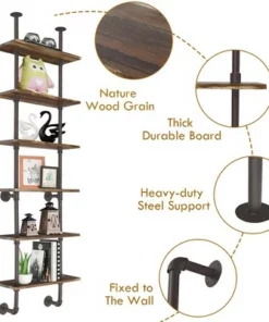 Costway 6-Shelf Rustic Pipe Shelving Unit, Vintage Industrial Pipe Wall Shelf Brown -Bookshelves Sales Shop unnamed file 2239