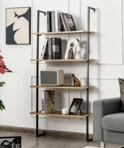Costway 4-Tier Ladder Shelf Bookshelf Industrial Wall Shelf w/Metal Frame Rustic Brown