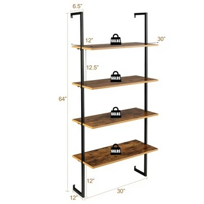 Costway 4-Tier Ladder Shelf Bookshelf Industrial Wall Shelf w/Metal Frame Rustic Brown 5 Costway 4-Tier Ladder Shelf Bookshelf Industrial Wall Shelf w/Metal Frame Rustic Brown - Image 3