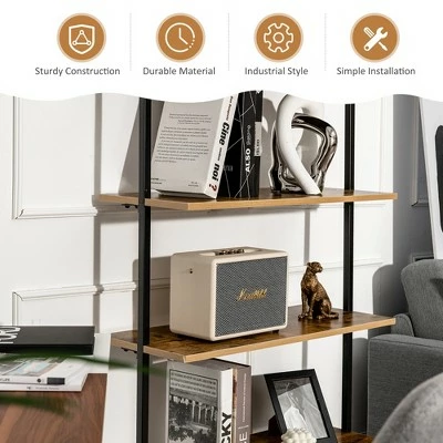 Costway 4-Tier Ladder Shelf Bookshelf Industrial Wall Shelf w/Metal Frame Rustic Brown 6 Costway 4-Tier Ladder Shelf Bookshelf Industrial Wall Shelf w/Metal Frame Rustic Brown - Image 4