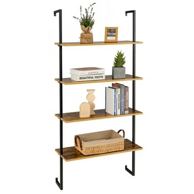 Costway 4-Tier Ladder Shelf Bookshelf Industrial Wall Shelf w/Metal Frame Rustic Brown 11 Costway 4-Tier Ladder Shelf Bookshelf Industrial Wall Shelf w/Metal Frame Rustic Brown - Image 9
