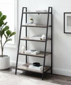 56" Metal and Wood Tiered Ladder Bookcase - Saracina Home Dark Walnut