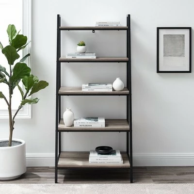 56" Metal and Wood Tiered Ladder Bookcase - Saracina Home Dark Walnut 4 56" Metal and Wood Tiered Ladder Bookcase - Saracina Home Dark Walnut - Image 2
