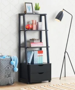 Costway 4-Tier Ladder Shelf Bookshelf Bookcase Storage Display Leaning With 2 Drawers