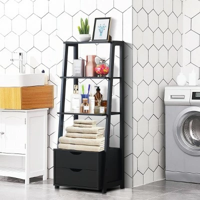 Costway 4-Tier Ladder Shelf Bookshelf Bookcase Storage Display Leaning With 2 Drawers 4 Costway 4-Tier Ladder Shelf Bookshelf Bookcase Storage Display Leaning With 2 Drawers - Image 2