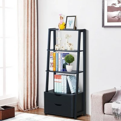 Costway 4-Tier Ladder Shelf Bookshelf Bookcase Storage Display Leaning With 2 Drawers 5 Costway 4-Tier Ladder Shelf Bookshelf Bookcase Storage Display Leaning With 2 Drawers - Image 3