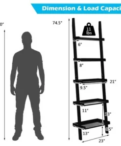 Costway Ladder Shelf 5-Tier Plant Stand Wall-leaning Bookcase Display Rack Black