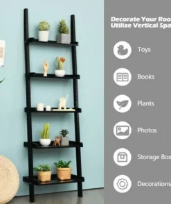 Costway Ladder Shelf 5-Tier Plant Stand Wall-leaning Bookcase Display Rack Black -Bookshelves Sales Shop unnamed file 2324