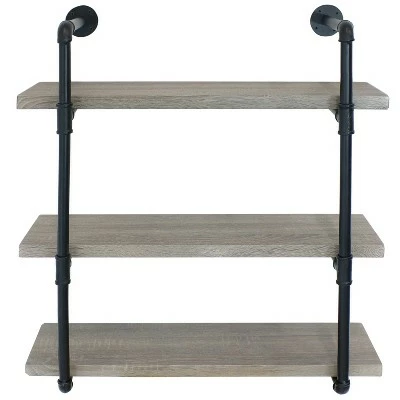 Sunnydaze Decor Sunnydaze 3 Shelf Industrial Style Pipe Frame Wall-Mounted Floating Shelf with Wood Veneer Shelves - Oak Gray Veneer 6 Sunnydaze Decor Sunnydaze 3 Shelf Industrial Style Pipe Frame Wall-Mounted Floating Shelf with Wood Veneer Shelves - Oak Gray Veneer - Image 4