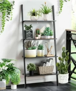 Costway Industrial Ladder Shelf 4-Tier Leaning Wall Bookcase Plant Stand Rustic Black/Brown -Bookshelves Sales Shop unnamed file 2373