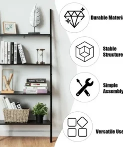 Costway Industrial Ladder Shelf 4-Tier Leaning Wall Bookcase Plant Stand Rustic Black/Brown -Bookshelves Sales Shop unnamed file 2376