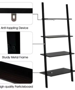 Costway Industrial Ladder Shelf 4-Tier Leaning Wall Bookcase Plant Stand Rustic Black/Brown -Bookshelves Sales Shop unnamed file 2378