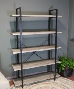Sunnydaze Decor Sunnydaze 5 Shelf Industrial Style Freestanding Etagere Bookshelf with Wood Veneer Shelves - Oak Gray Veneer