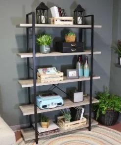 Sunnydaze Decor Sunnydaze 5 Shelf Industrial Style Freestanding Etagere Bookshelf with Wood Veneer Shelves - Oak Gray Veneer -Bookshelves Sales Shop unnamed file 2397