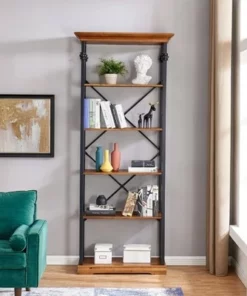 86.5" Juanita 6 Tier Etagere Wood and Metal Open Bookcase Distressed Wood - Danya B.