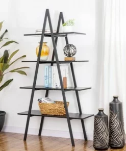 65" 4 Tier Metal and Wooden Leaning Bookcases and Ladder Shelves - Glitzhome Walnut