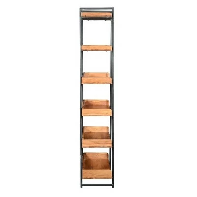 74" 6 Tier Wooden Ladder Storage Bookshelf with Metal Frame Brown/Black - The Urban Port 3 74" 6 Tier Wooden Ladder Storage Bookshelf with Metal Frame Brown/Black - The Urban Port