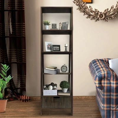 4 Shelf Wooden Ladder Bookcase with Bottom Drawer - The Urban Port White 6 4 Shelf Wooden Ladder Bookcase with Bottom Drawer - The Urban Port White - Image 4