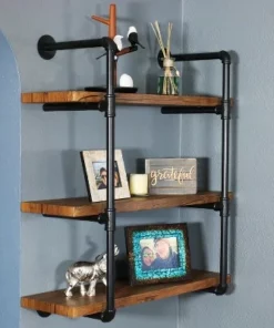 Sunnydaze Decor Sunnydaze 3 Shelf Industrial Style Pipe Frame Wall-Mounted Floating Shelf with Wood Veneer Shelves - Teak Veneer