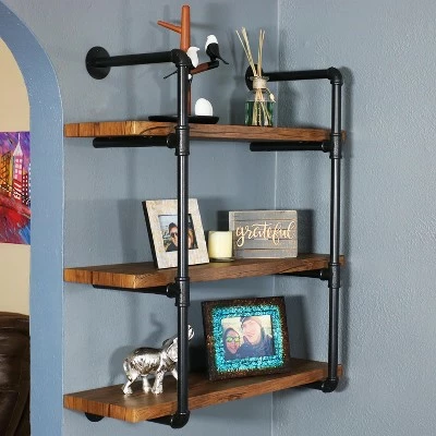 Sunnydaze Decor Sunnydaze 3 Shelf Industrial Style Pipe Frame Wall-Mounted Floating Shelf with Wood Veneer Shelves - Teak Veneer 3 Sunnydaze Decor Sunnydaze 3 Shelf Industrial Style Pipe Frame Wall-Mounted Floating Shelf with Wood Veneer Shelves - Teak Veneer