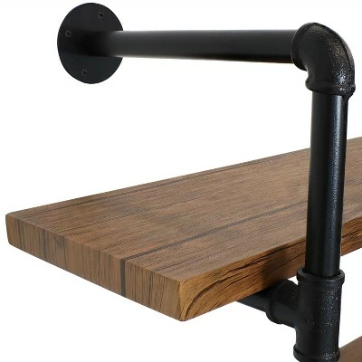 Sunnydaze Decor Sunnydaze 3 Shelf Industrial Style Pipe Frame Wall-Mounted Floating Shelf with Wood Veneer Shelves - Teak Veneer 4 Sunnydaze Decor Sunnydaze 3 Shelf Industrial Style Pipe Frame Wall-Mounted Floating Shelf with Wood Veneer Shelves - Teak Veneer - Image 2