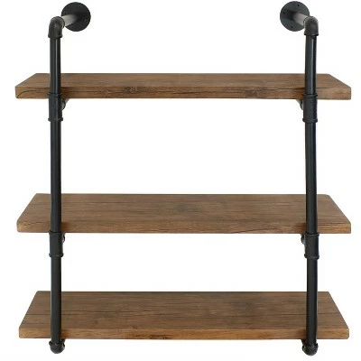 Sunnydaze Decor Sunnydaze 3 Shelf Industrial Style Pipe Frame Wall-Mounted Floating Shelf with Wood Veneer Shelves - Teak Veneer 6 Sunnydaze Decor Sunnydaze 3 Shelf Industrial Style Pipe Frame Wall-Mounted Floating Shelf with Wood Veneer Shelves - Teak Veneer - Image 4