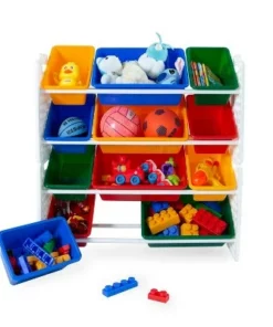 UNiPLAY Toy Organizer With 12 Removable Storage Bins and Block Play Panel, Multi-Size Bin Organizer
