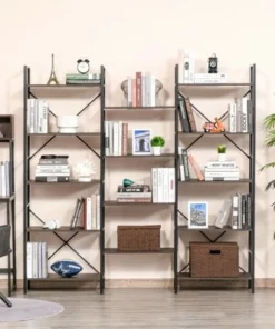 HOMCOM 5-Tier Industrial Look Bookshelf with Open Storage Display Rack Metal Frame for Home Office Walnut