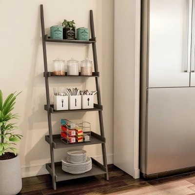 Hastings Home 5-Tier Ladder Bookshelf - Slate Gray 5 Hastings Home 5-Tier Ladder Bookshelf - Slate Gray - Image 3