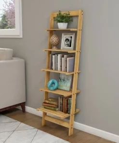 Hastings Home 5-Tier Bookshelf - 50" Tall, Pickled Oak Wood Finish