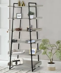 74" 6 Tier Wooden Ladder Storage Bookshelf with Metal Frame Gray/Black - The Urban Port -Bookshelves Sales Shop unnamed file 2885