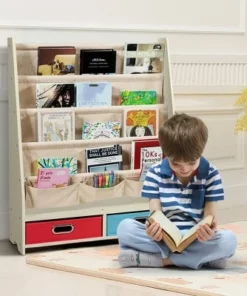Costway Kids Book Rack Toys Organizer with 4 Sling Bookshelf & 2 Boxes EspressoBeige