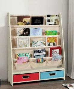 Costway Kids Book Rack Toys Organizer with 4 Sling Bookshelf & 2 Boxes EspressoBeige -Bookshelves Sales Shop unnamed file 2974