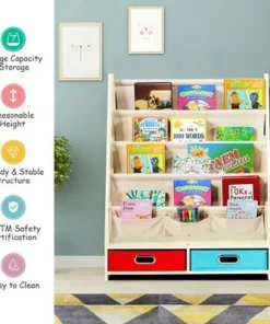 Costway Kids Book Rack Toys Organizer with 4 Sling Bookshelf & 2 Boxes EspressoBeige -Bookshelves Sales Shop unnamed file 2975