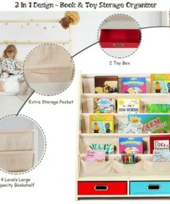 Costway Kids Book Rack Toys Organizer with 4 Sling Bookshelf & 2 Boxes EspressoBeige -Bookshelves Sales Shop unnamed file 2976
