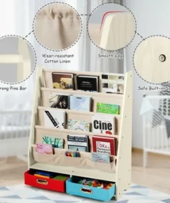 Costway Kids Book Rack Toys Organizer with 4 Sling Bookshelf & 2 Boxes EspressoBeige -Bookshelves Sales Shop unnamed file 2977
